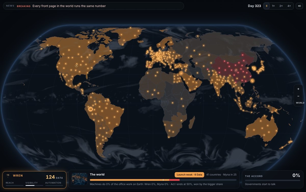 The night map on day 323: amber lights across every continent, the Accord at zero